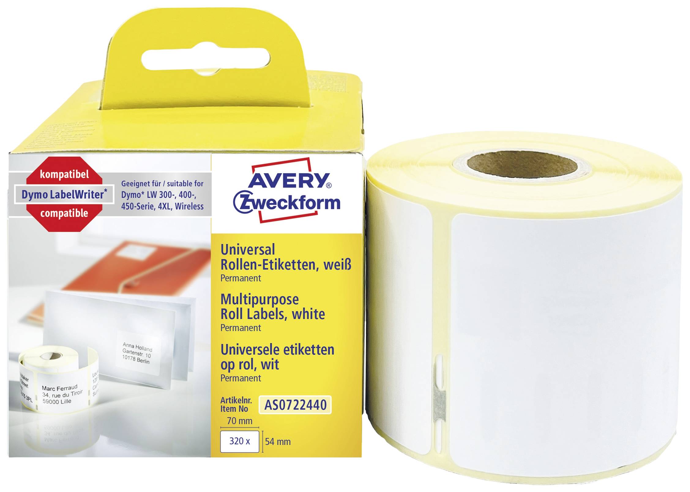 Avery-Zweckform AS0722440 Rotolo di etichette 70 x 54 mm Carta Bianco 320 pz. A tenuta permanente Etichetta universale