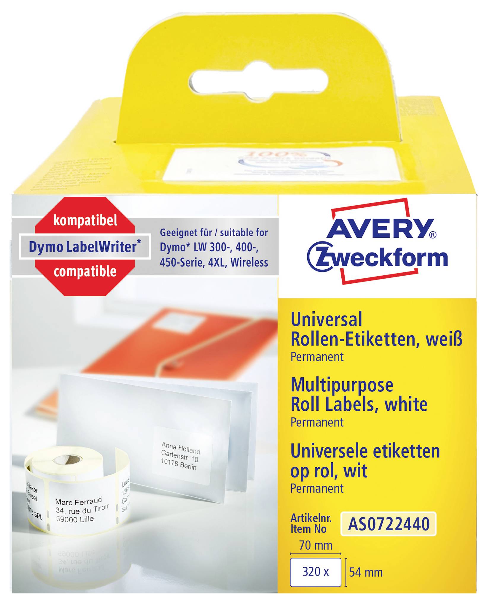 Balíček univerzálnych bielych permanentných etikiet na kotúči Avery Zweckform, kompatibilný s Dymo LabelWriter, 70 mm x 54 mm, 320 etikiet.