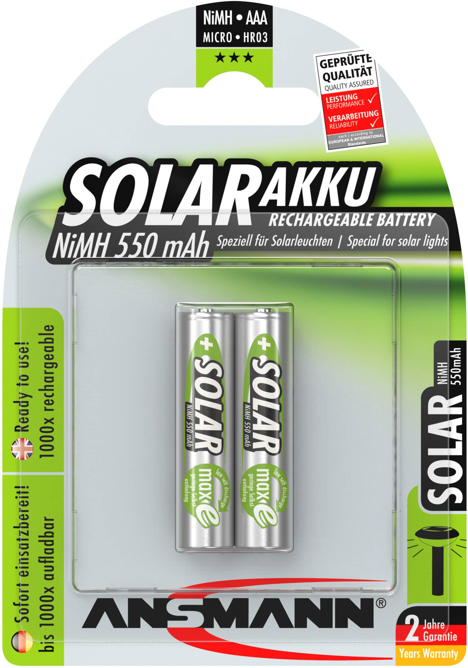 'Dva nabíjateľné solárne AAA akumulátory od Ansmannu s kapacitou 550 mAh. Vhodné pre solárne lampy. Balenie obsahuje 2-ročnú záruku a pečať kvality.'