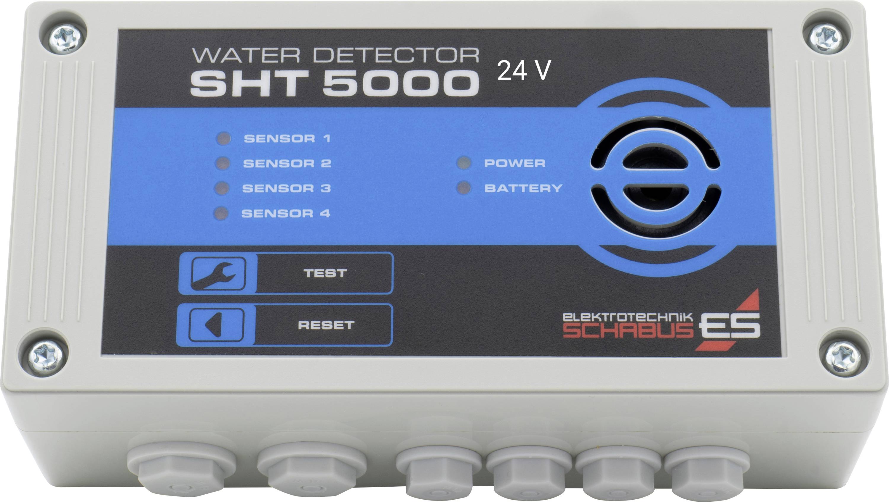 Detektor úniku vody 'SHT 5000' s 24V pripojením. Štyri senzorové LED, napájacie a batériové kontrolky. Dva tlačidlá: 'Test' a 'Reset'.