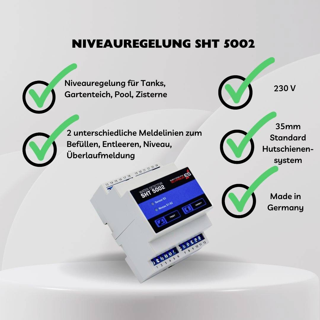 Zariadenie 'Niveauregelung SHT 5002' na povrchu. Funkcie: regulácia nádrže, 2 signálne linky, 230 V, montáž na DIN lištu, vyrobené v Nemecku.