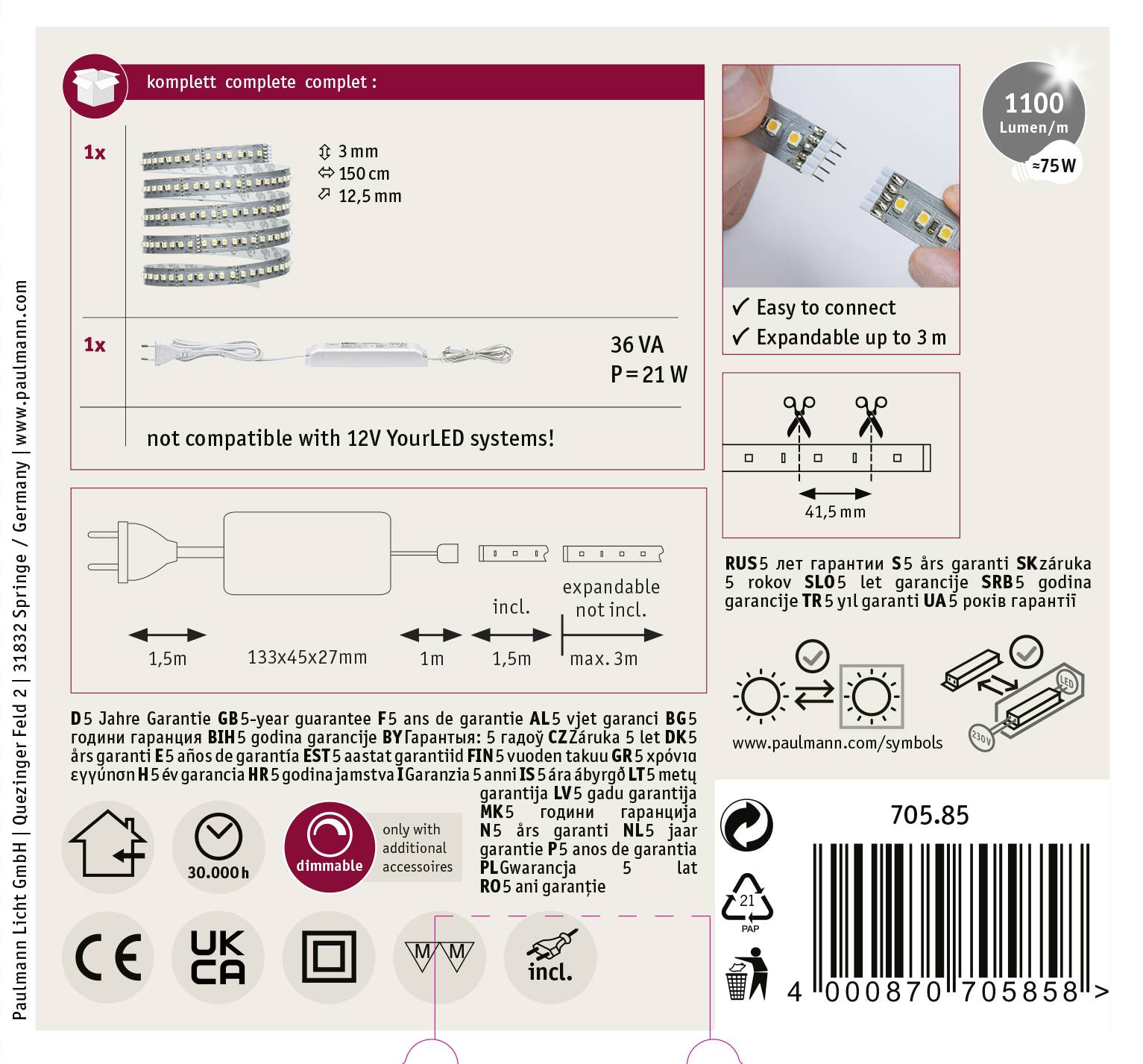 Sada LED pásov vrátane transformátora, konektorov a montážneho materiálu. Nie je kompatibilná s 12V. 1100 lúmenov, 75W.