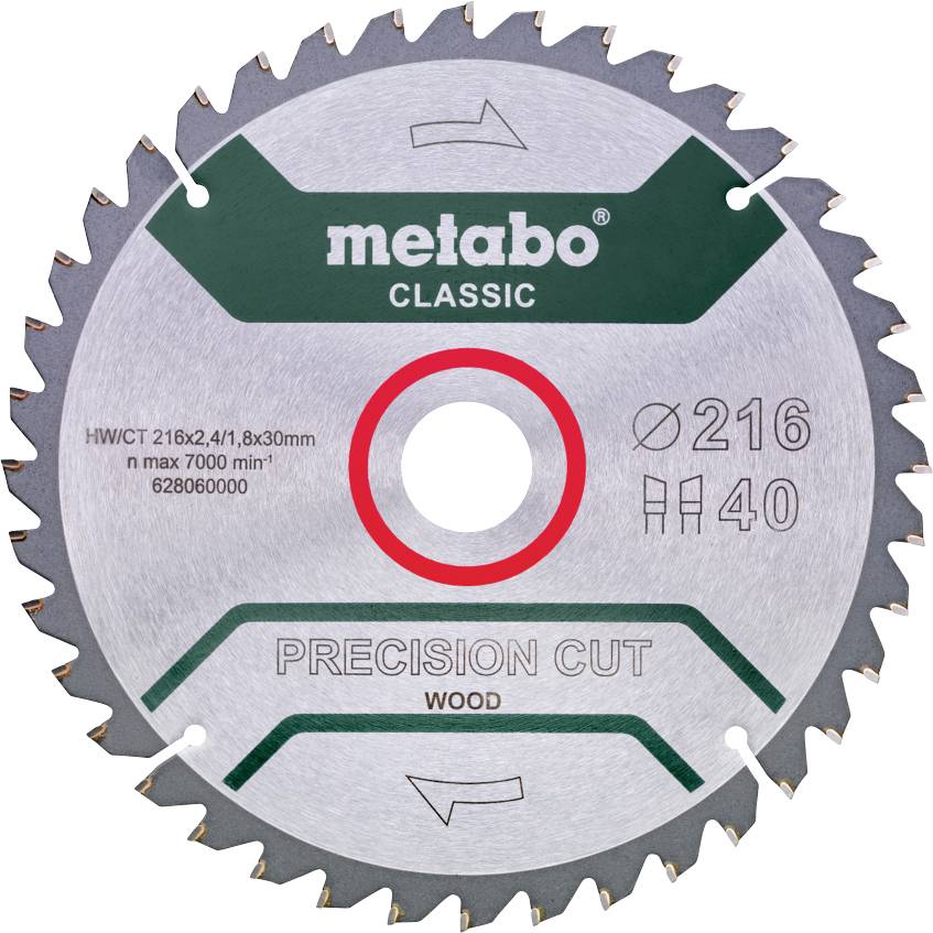Metabo Classic presná rezacia pílová kotúč na drevo označený 216 mm, 40 zubov, so šípkami rotácie a centrálnym otvorom.