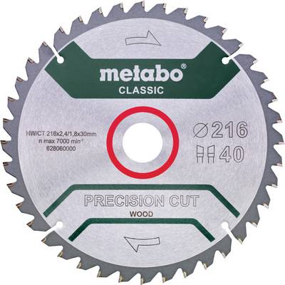 Metabo Classic presná rezacia pílová kotúč na drevo označený 216 mm, 40 zubov, so šípkami rotácie a centrálnym otvorom.