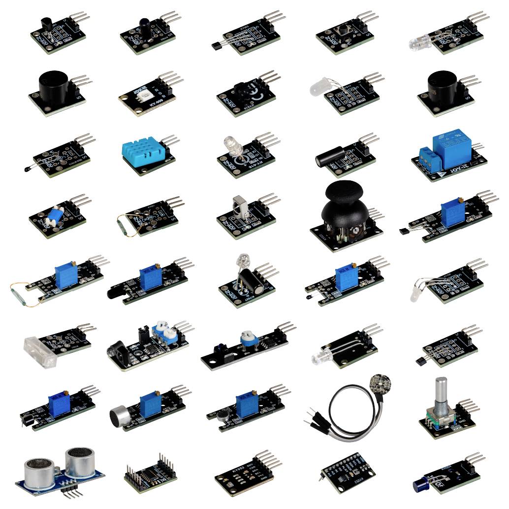 Koláž rozmanitých senzorov a rozširujúcich dosiek pre Arduino, vrátane ultrazvukových, svetelných, zvukových, joysticku, teplotných, reléových a LED senzorov.