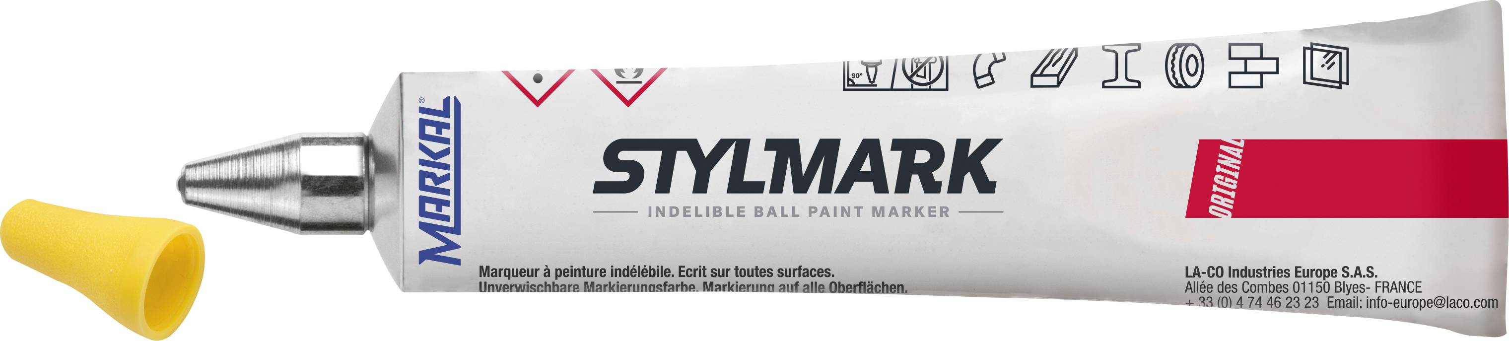 Zvýrazňovač, značka 'STYLMARK' od firmy Markal, metalicko-sivá tuba so žltým uzáverom. Obsahuje nezmazateľný atrament pre hladké povrchy.
