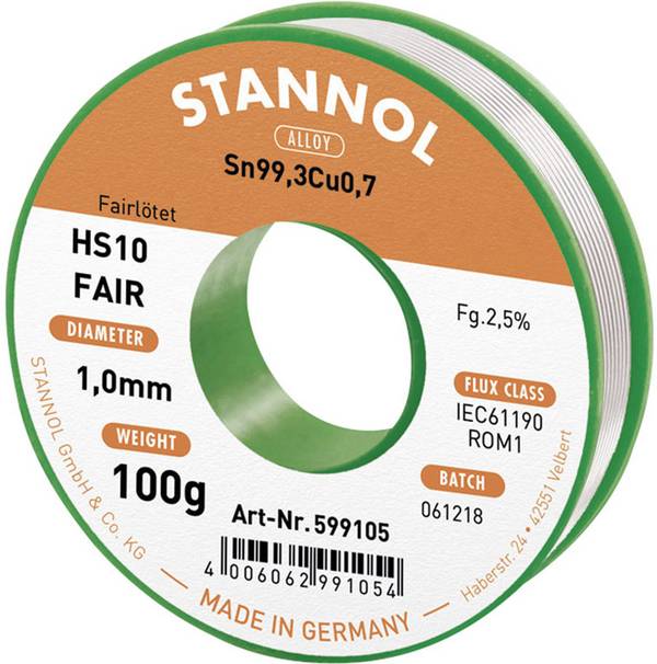 Stannol HS10-Fair spájkovací cín cievka Sn99,3Cu0,7 ROM1 100 g 1 mm
