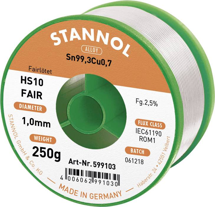 Stannol HS10-Fair Stagno per saldatura Bobina Sn99,3Cu0,7 ROM1 250 g 1 mm
