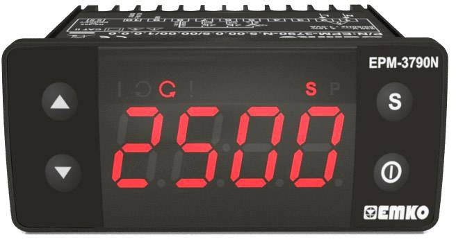 Digitálny displej so zobrazením červeného čísla '2500' a šípkovými tlačidlami na čiernom pozadí. Značka 'EMKO', model 'EPM-3790N'.