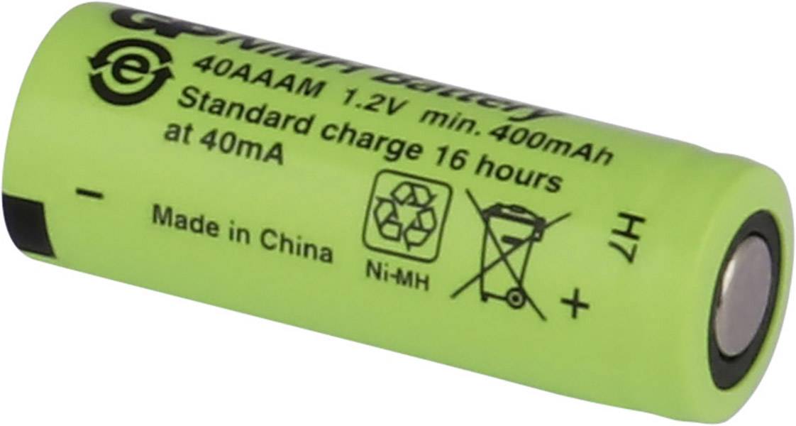 'Zelená AAAA NiMH batéria, 1,2V, 400mAh. Text na batérii: Štandardné nabíjanie 16 hodín, 40mA. Vyrobené v Číne.'