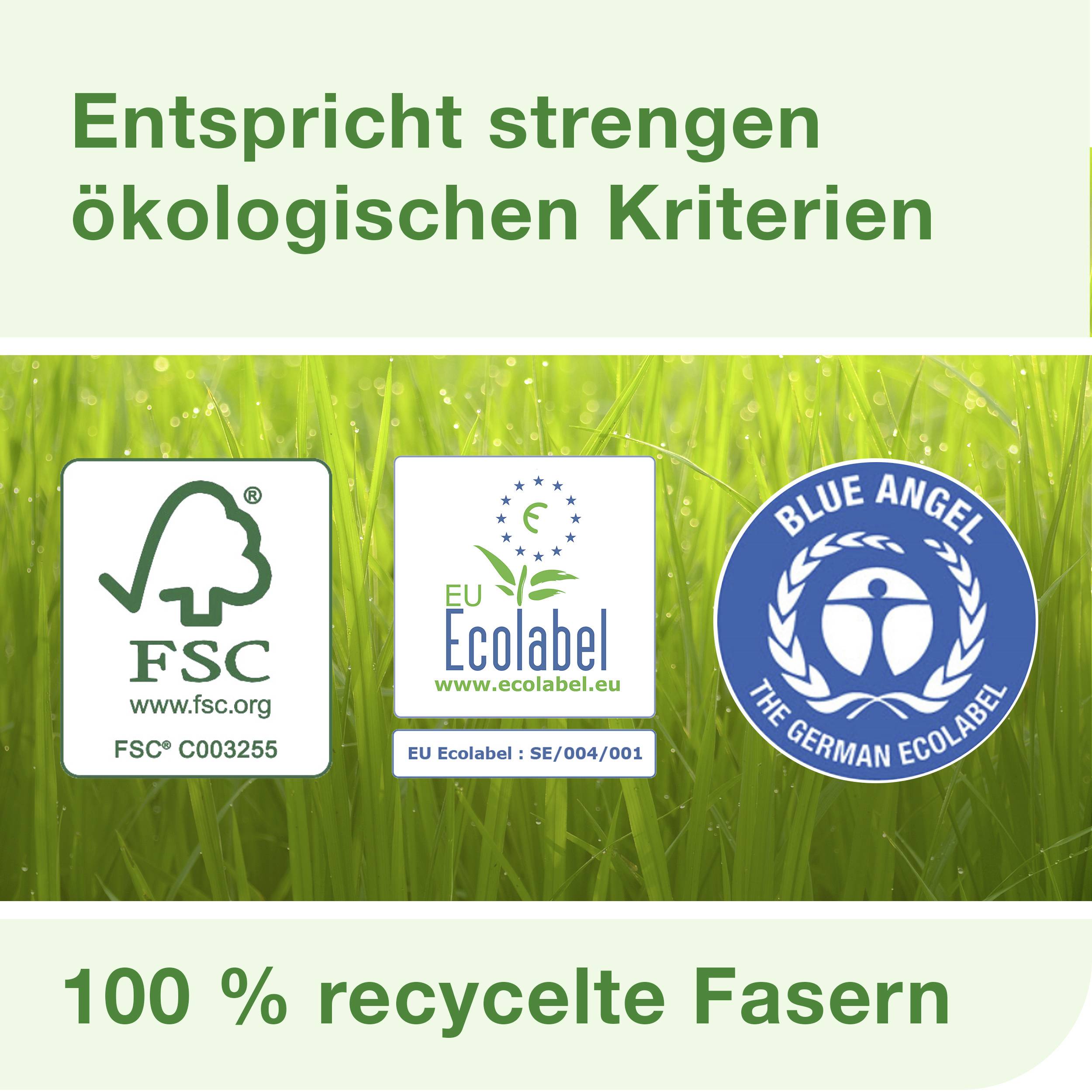 'Spĺňa prísne ekologické kritériá', tri ekoznačky: FSC, Environmentálna značka EÚ, Modrý anjel, zelená lúka, '100% recyklovaných vlákien'.