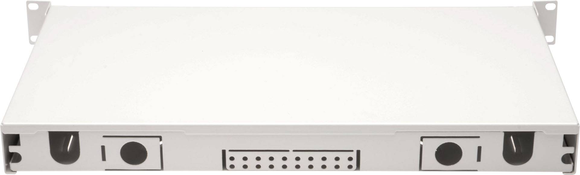 Plochý, biely sieťový alebo serverový modul do racku s viacerými prípojnými miestami na prednej strane.