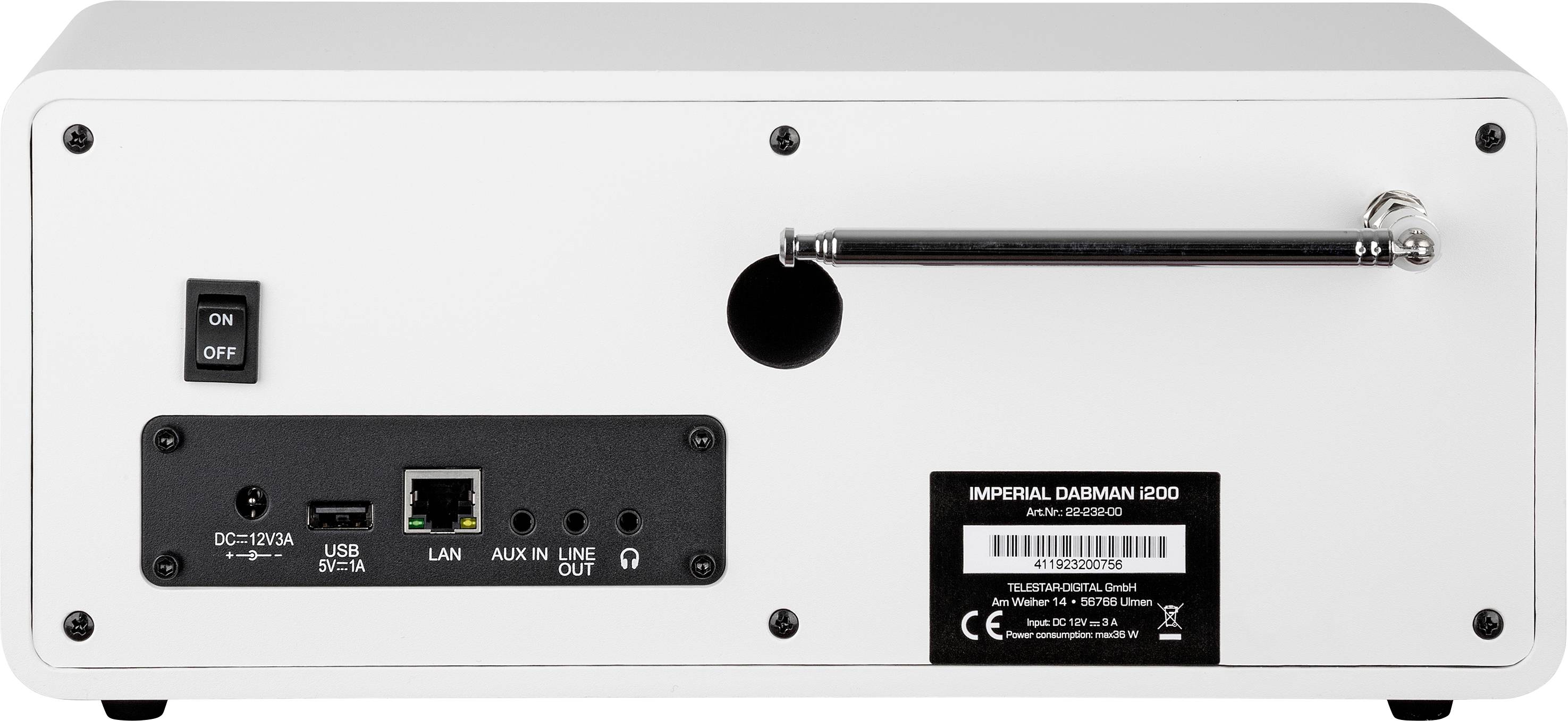 Zadná strana elektronického zariadenia so sieťovým vypínačom, USB portom, LAN portom, AUX-IN a Line-Out konektormi.
