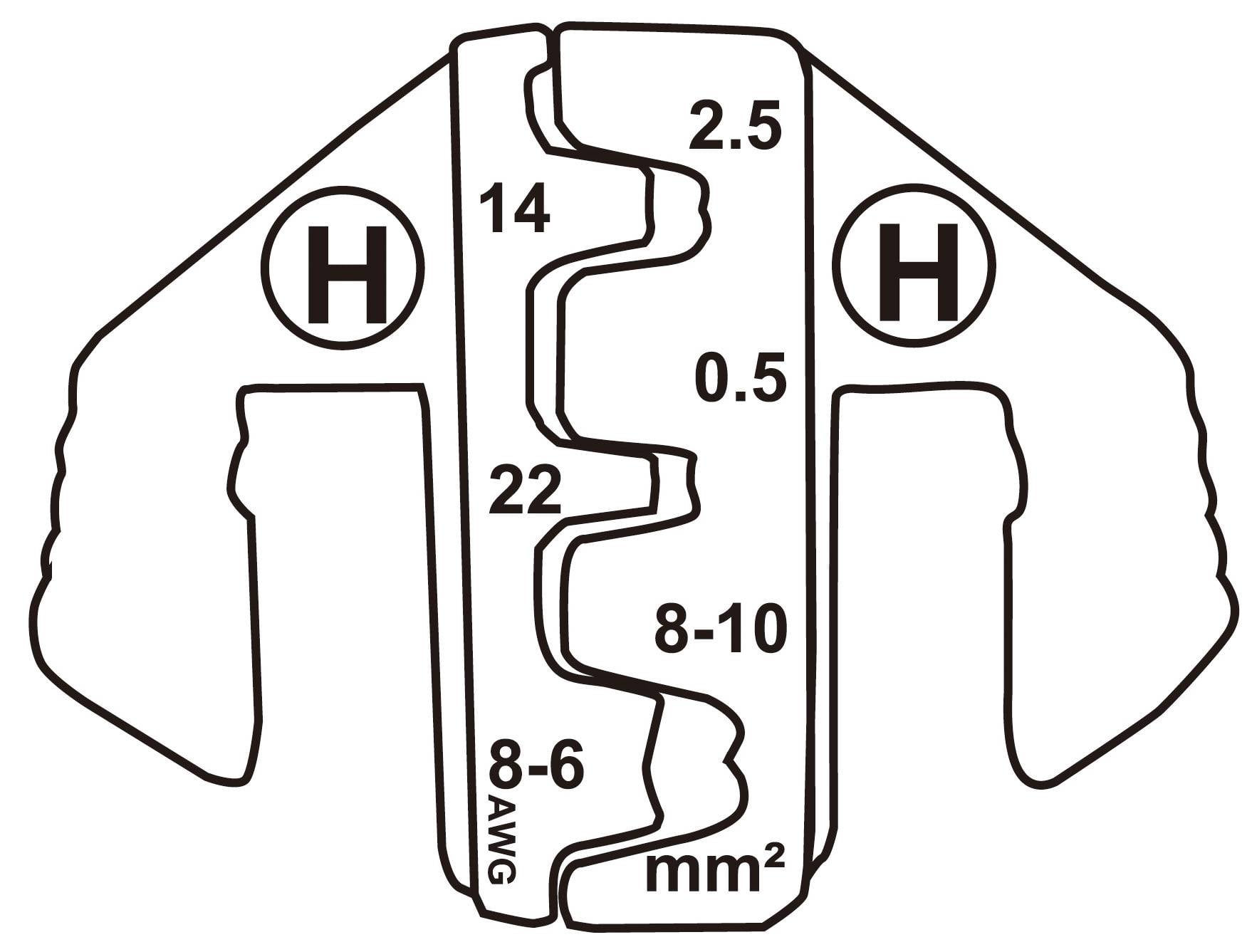 Ilustrácia krimpovacej kleště s popiskami: 2,5 mm², 0,5 mm², 8-10 mm², 14, 22, 8-6 AWG. Dva H-symboly vľavo a vpravo.
