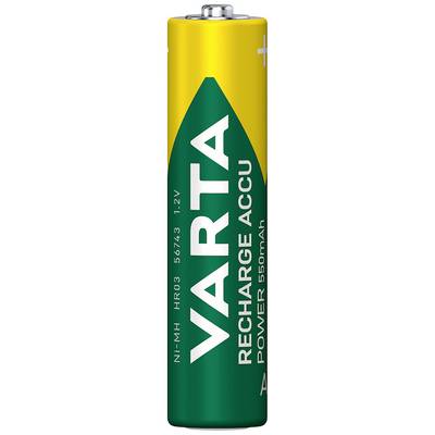 Nabíjateľná AA batéria značky VARTA s kapacitou 550 mAh, v zeleno-žltom dizajne.