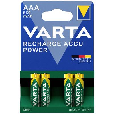 Balenie štyroch akumulátorov AAA 'Varta Recharge ACCU Power', 550 mAh. Obal zdôrazňuje možnosť opakovaného nabíjania a dlhotrvajúci výkon.