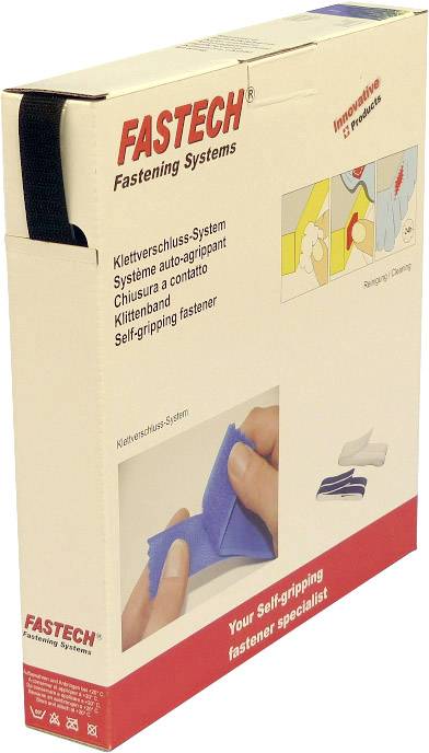 Kartónový obal s nápisom 'FASTECH Fastening Systems', obsahujúci suchý zips, s obrázkami použitia.