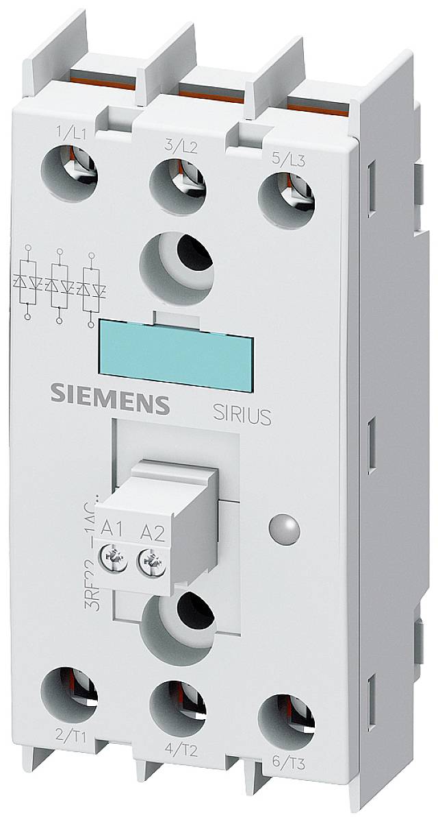 Biely trojpólový stykač Siemens Sirius, modelové označenie 3RT, s prípojkami a typickými spínačmi pre elektrickú riadiacu jednotku.