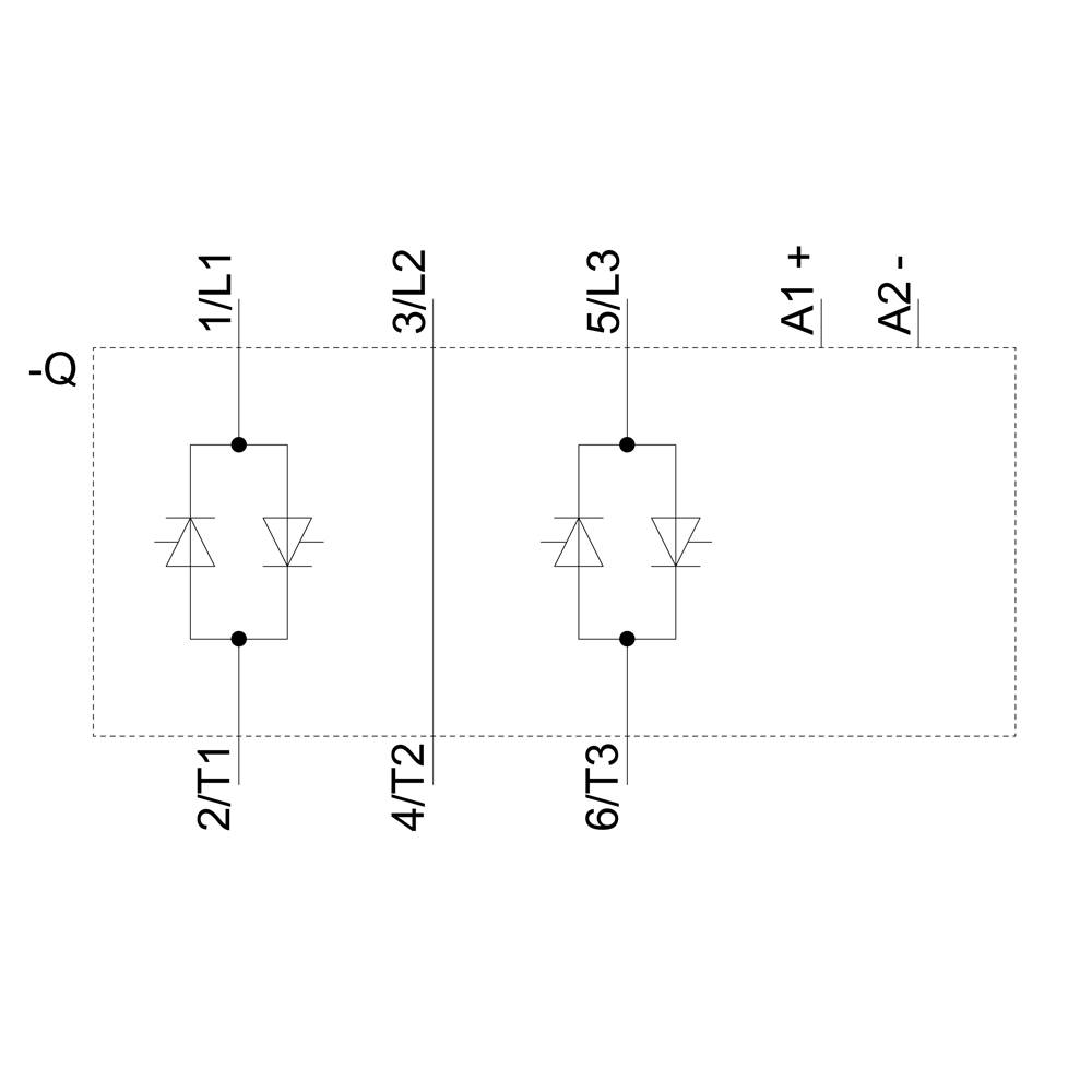 Schéma zapojenia zobrazuje dva rovnaké úseky, každý s dvoma antiparalelnými diódami. Svorky 1L1, 3L2, 5L3, 2/T1, 4/T2, 6/T3, A1+, A2-.