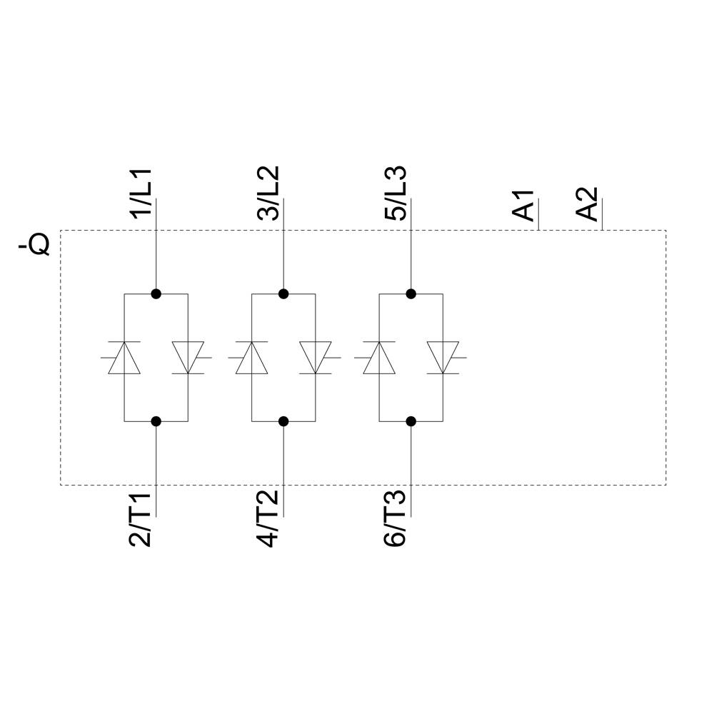 Schéma zapojenia trojfázového usmerňovača so šiestimi diódami. Svorky 'L1', 'L2', 'L3' hore, 'T1', 'T2', 'T3' dole. Označenie 'A1', 'A2'.