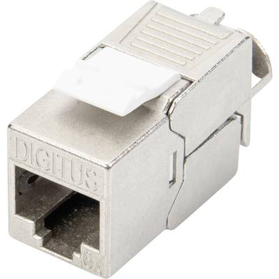 RJ45 keystonový modul v kovovom prevedení s nápisom 'DIGITUS', určený na prepojenie sieťových káblov, kompatibilný so štandardom Cat 6A.