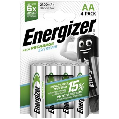 Štvorbalenie batérií Energizer AA, 2300mAh. Zvýraznené: 'Prvé na svete s 15 % recyklovaných materiálov'.