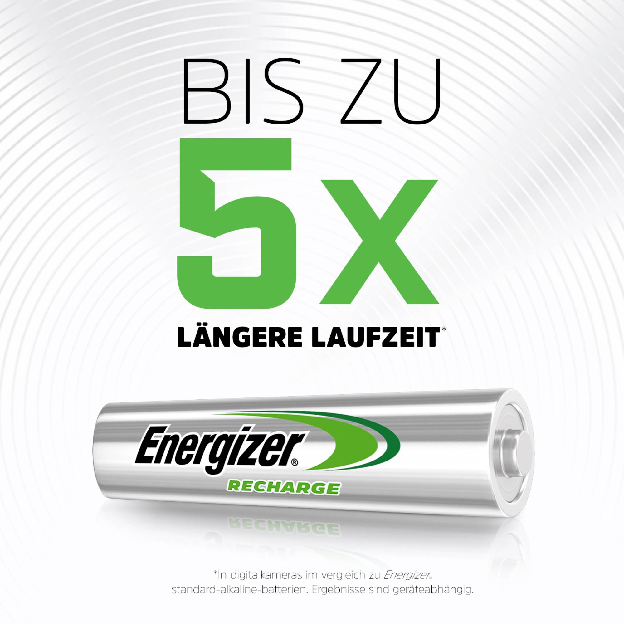 Reklama na batérie Energizer s textom: Až 5-krát dlhšia výdrž. Batéria zobrazuje logo Energizer Recharge.