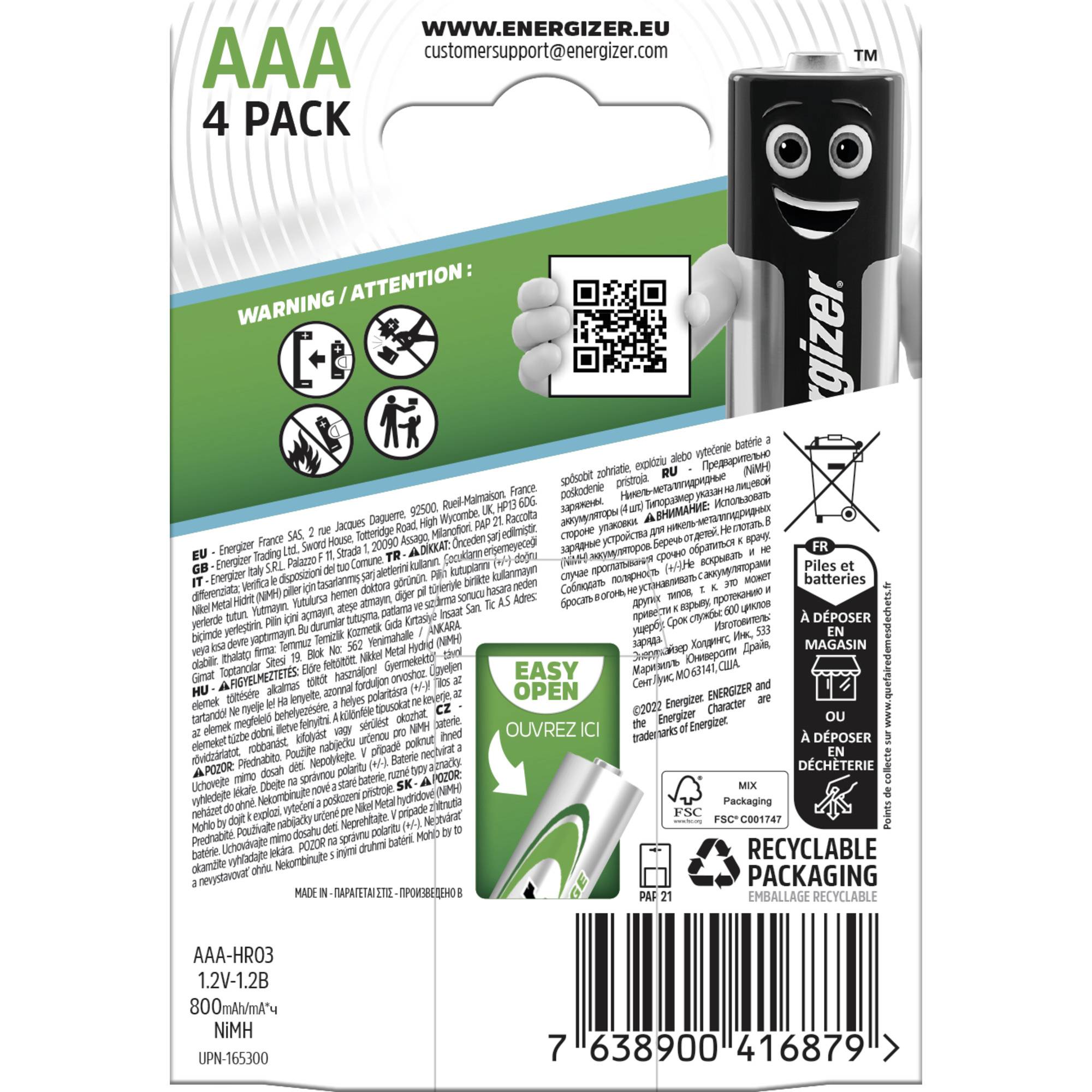 Zadná strana obalu AAA batérie s QR kódom, pokynom na otvorenie, symbolom recyklácie a kontaktnými informáciami spoločnosti Energizer.