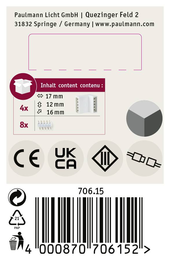 Štítok produktového balíka spoločnosti 'Paulmann Licht GmbH' s označeniami CE, UKCA a inými značkami. Obsahuje diagramy a text o rozmeroch a obsahu produktu.