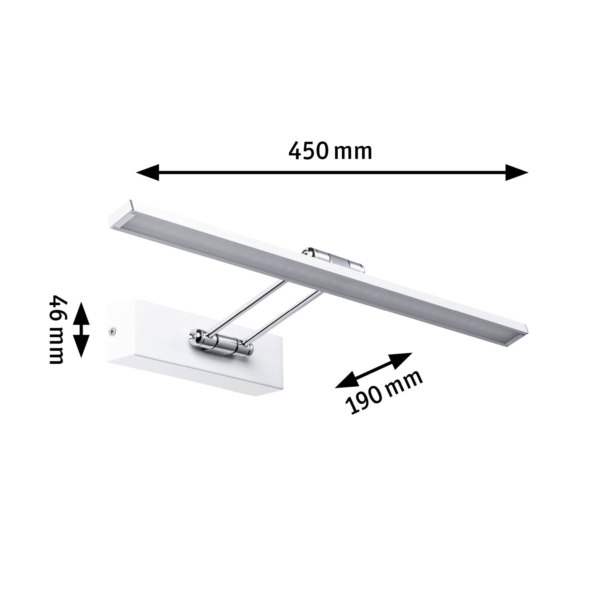 Nástenné svietidlo s rozmermi: šírka 450 mm, výška 46 mm, výstup 190 mm. Moderný, štíhly dizajn, ideálny pre osvetlenie obrazov.