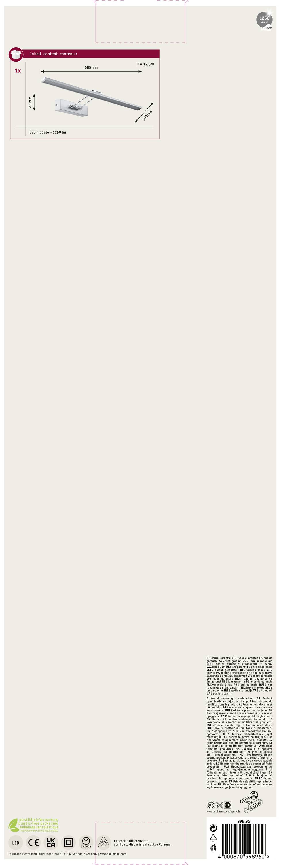 Obal bieleho LED svetelného pásu s obrázkom a rozmermi (500 mm dlhý). Obsahuje technické detaily a informácie o výrobcovi.