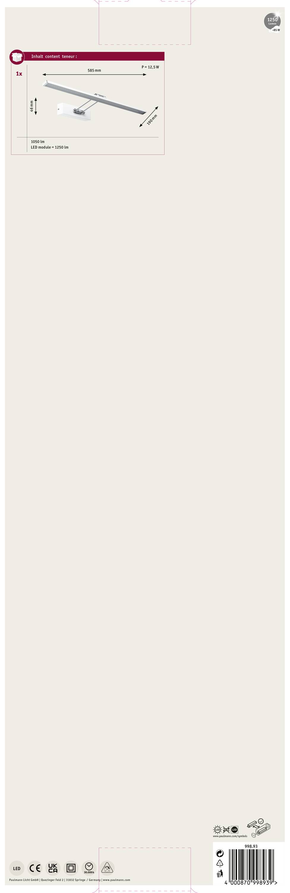 Produktový obal s obrázkom a popisom stropnej lampy. Zobrazuje rozmery: Dĺžka 120 cm, šírka 2,5 cm.