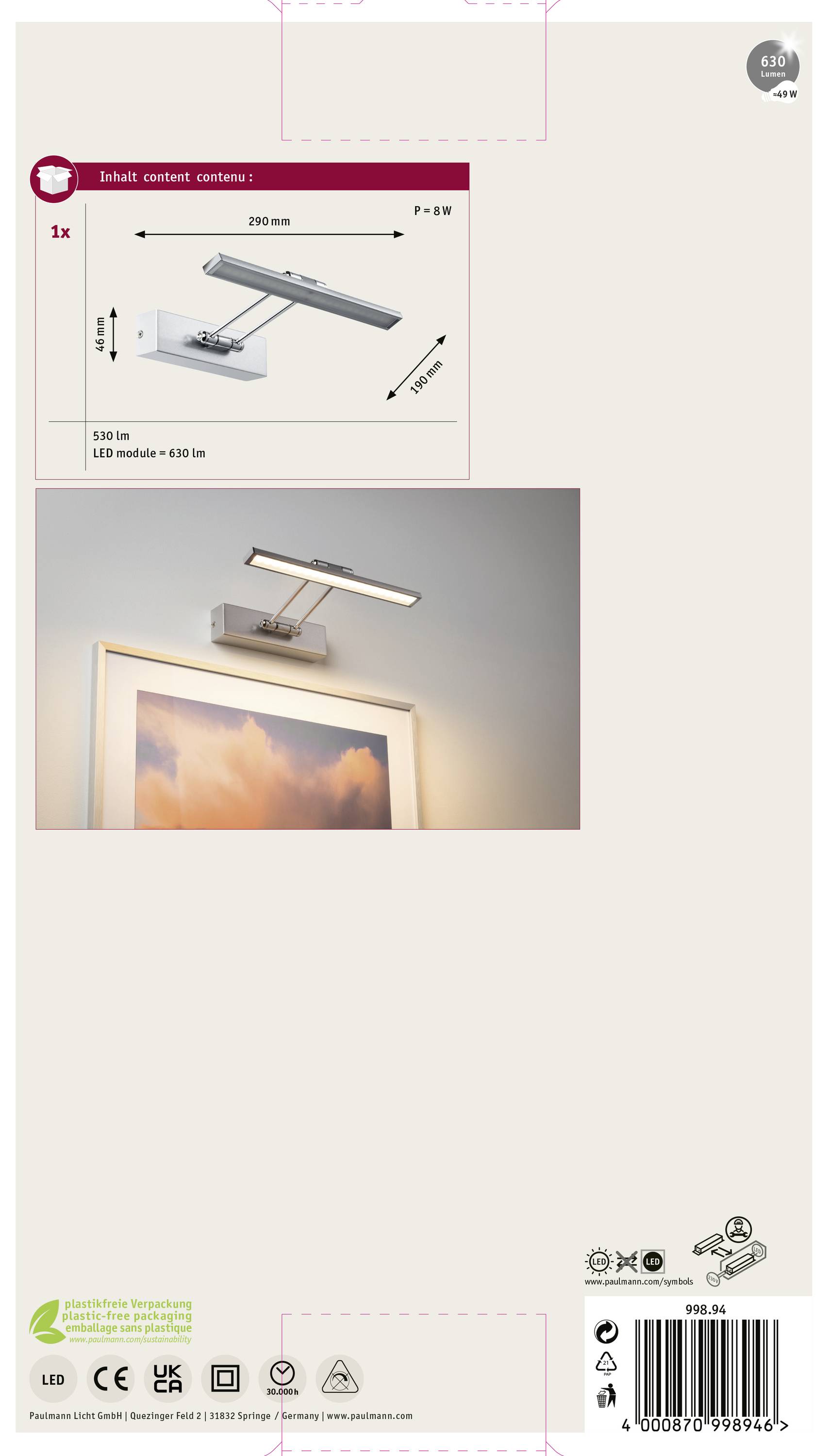 LED-nástená lampa nad zarámovaným obrazom. Balenie zobrazuje úsporné a energeticky efektívne LED svietidlo s rozmermi 200 mm x 116 mm.