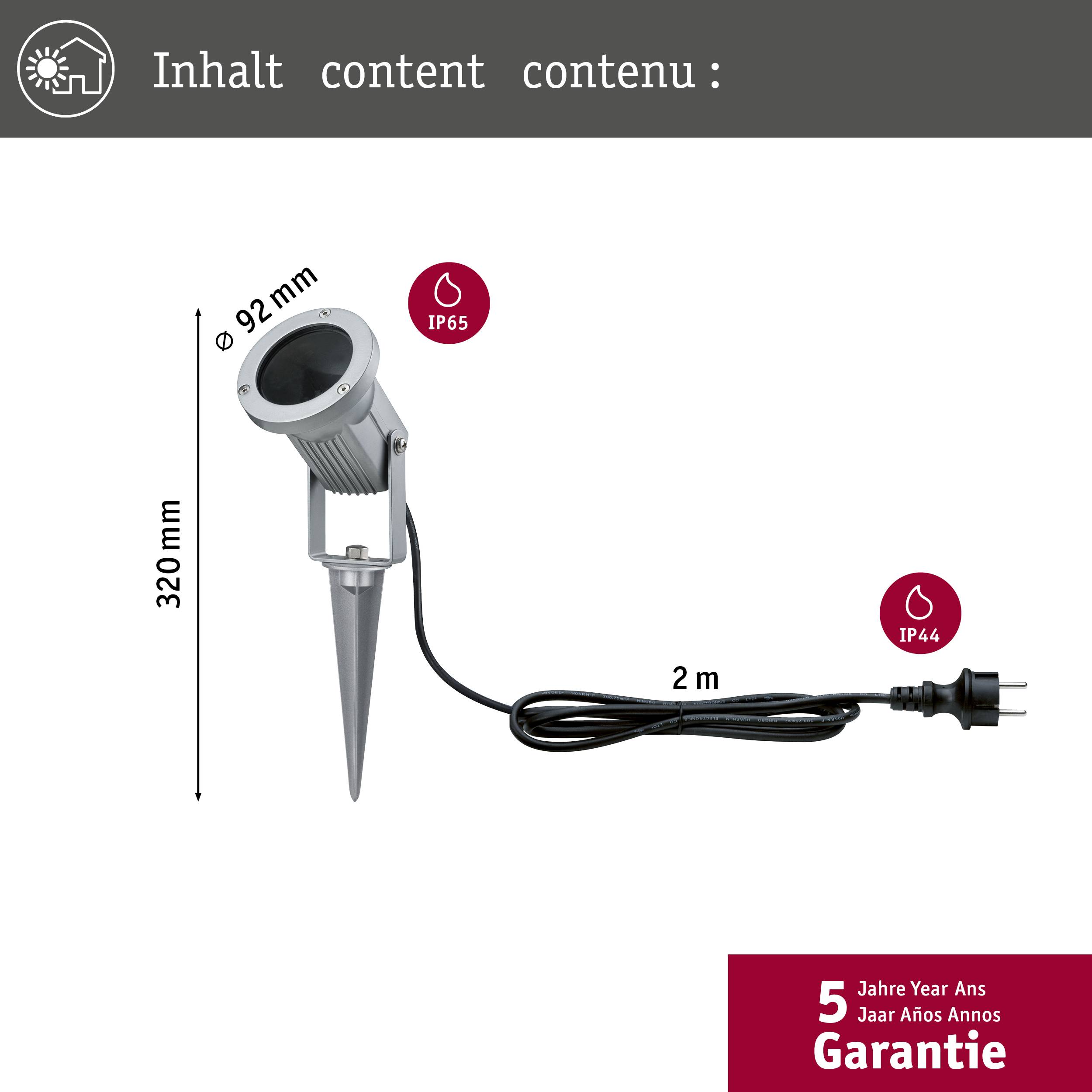 'Záhradný reflektor so zemným kolíkom, IP65, výška 320 mm, kábel 2 m, IP44 zástrčka. Záruka: 5 rokov.'