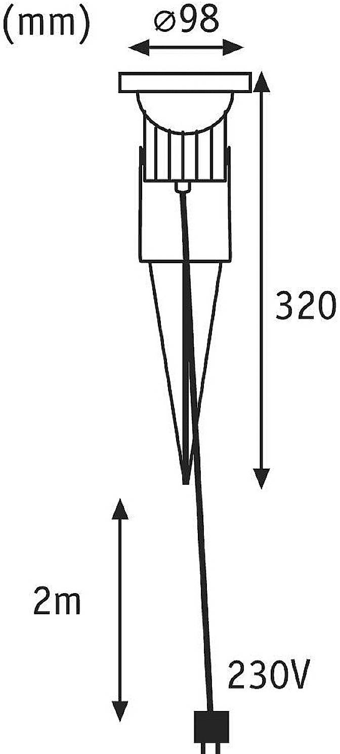 Diagram lampy s nasledujúcimi rozmermi: priemer 98 mm, výška 320 mm. Kábel dlhý 2 m, napätie 230 V.