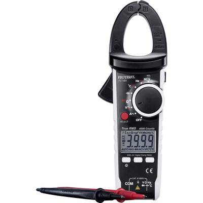 Digitálny kliešťový multimeter v čiernej a bielej farbe. LCD displej zobrazuje namerané hodnoty. Vhodný na meranie napätia a prúdu.