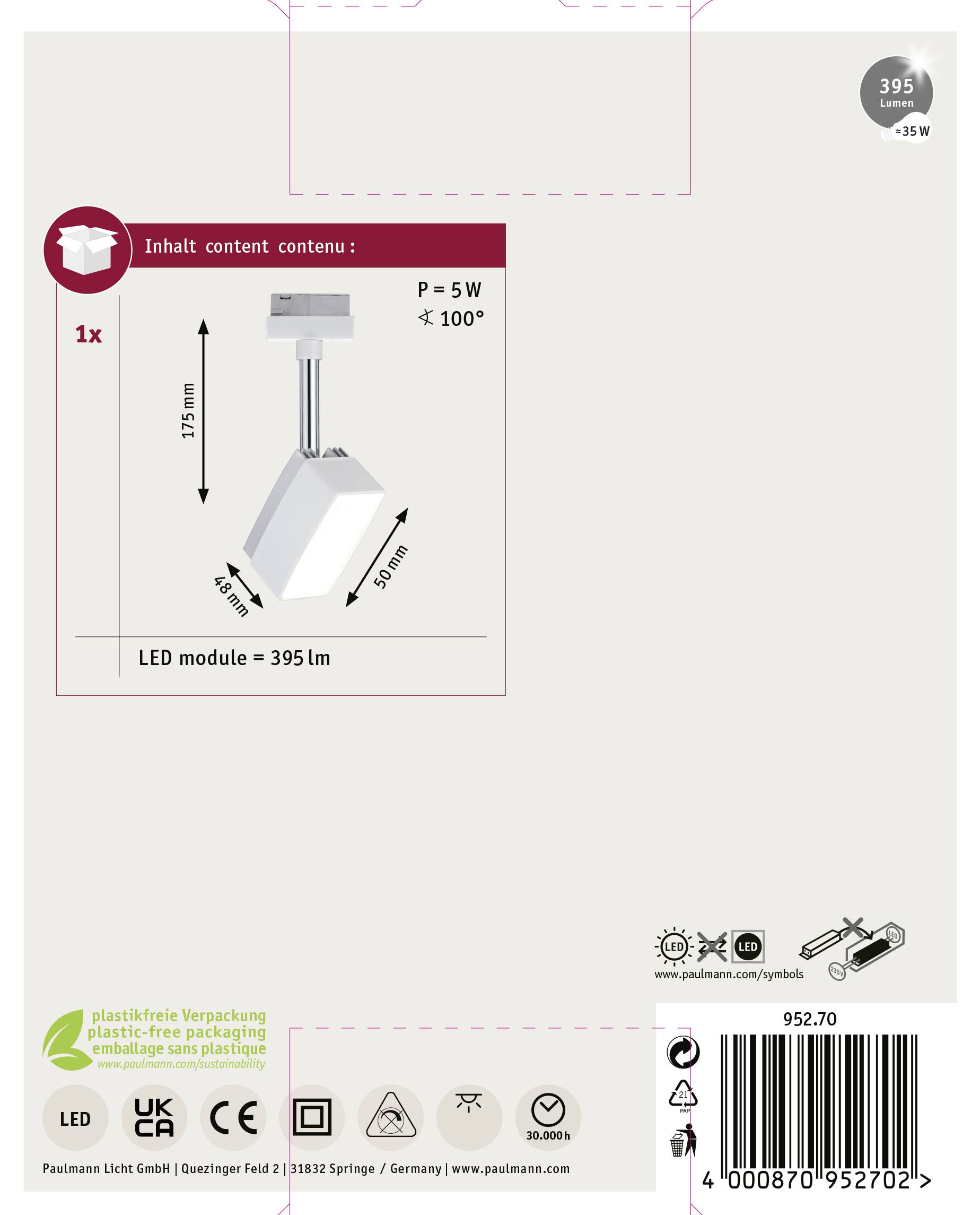 LED nástavbové svietidlo, 5W, 100° uhol vyžarovania, rozmery: 295x275mm. Obsahuje LED modul. Pokyny na balenie bez použitia plastu.