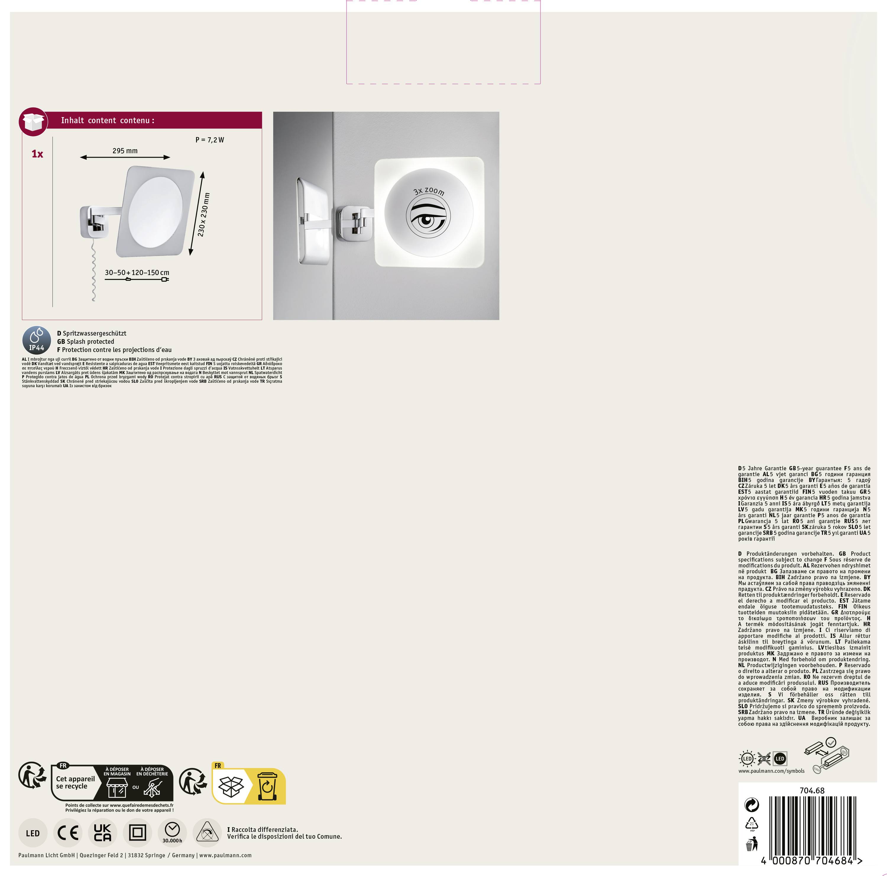 Halogénové stropné svietidlo v bielej farbe so sklopným štvorcovým rámom. Detaily produktu: číslo modelu, rozmery, maximálny výkon 50W.