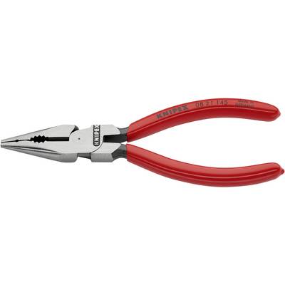Červené kombinované kliešte Knipex s kovovým hrotom a zúbrenou úchopovou plochou, vhodné na uchopenie a strihanie drôtu. Vyrobené v Nemecku.