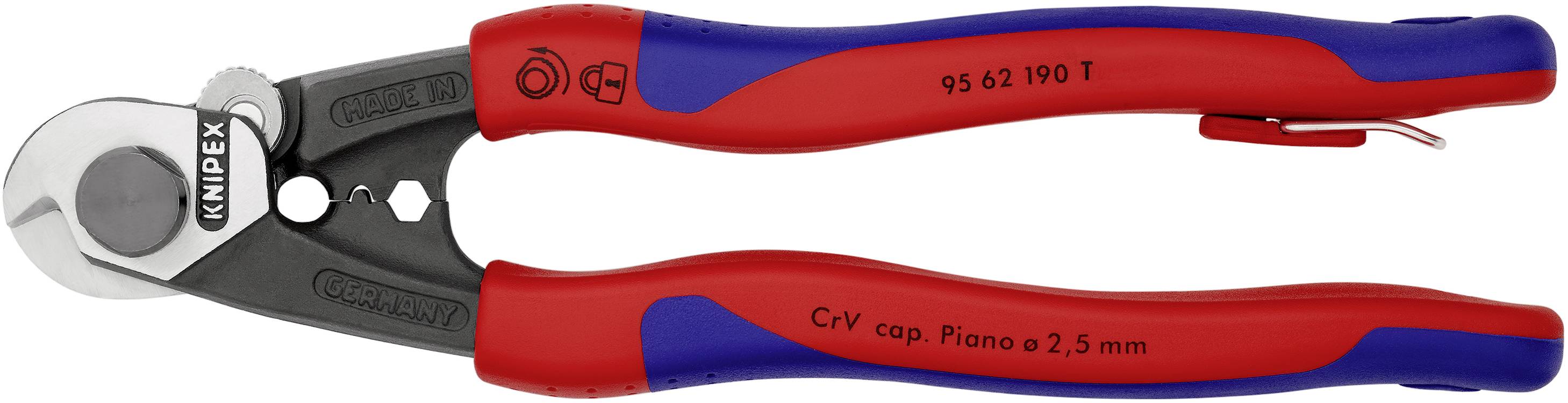 Štípacie kliešte s červenou a modrou rukoväťou, označené značkou 'Knipex'. Vhodné na strihanie klavírneho drôtu do priemeru 2,5 mm.