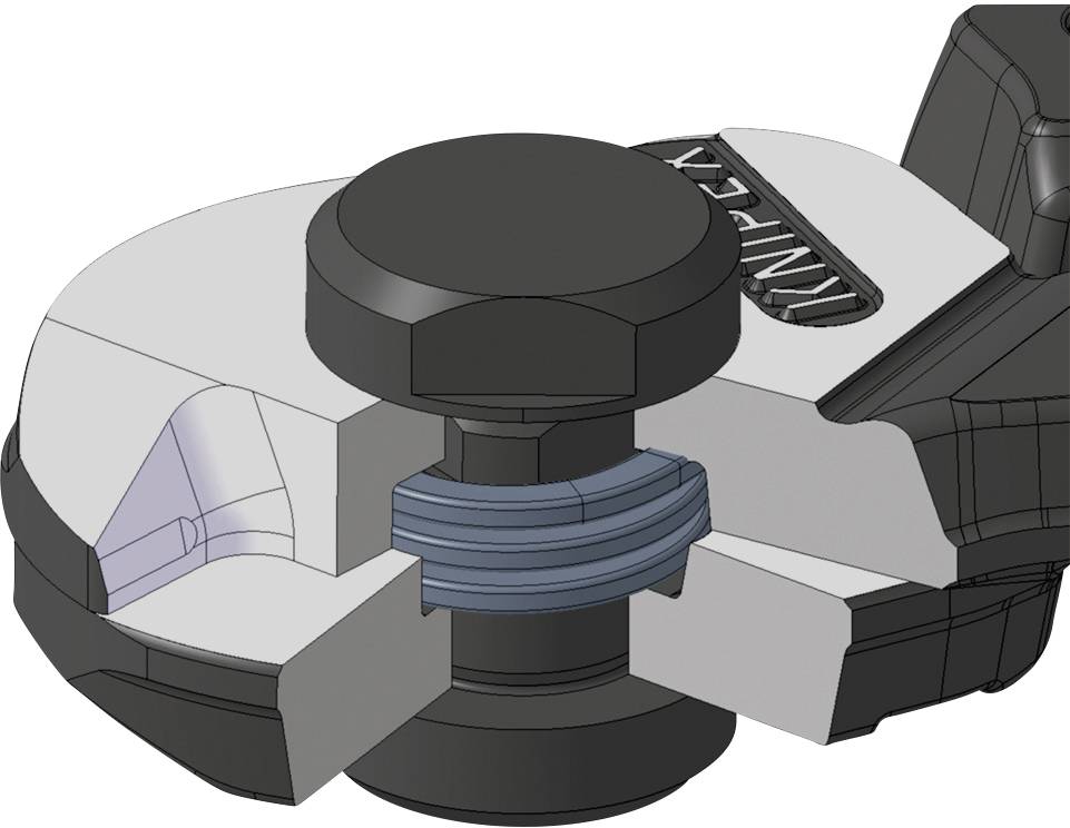 3D znázornenie mechanickej súčiastky so skrutkou a tesnením; zobrazuje časť technického rezu.