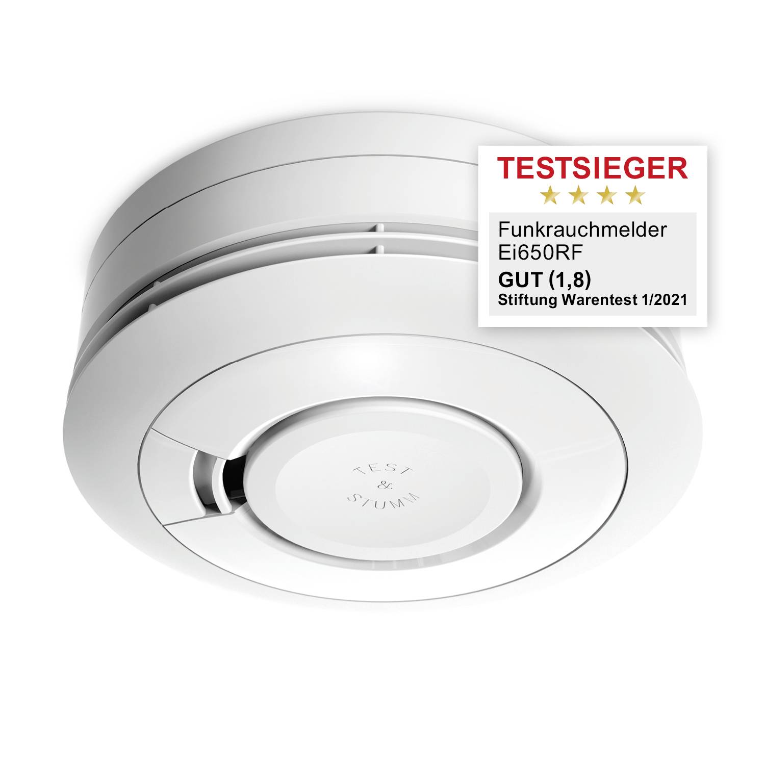 Detektor dymu ocenený ako 'VÍŤAZ TESTU' nadáciou Stiftung Warentest, model Ei650RF, hodnotený známkou 'VÝBORNE (1,8)' v roku 2021.