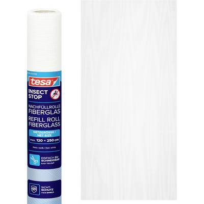 Rolka bieleho fiberglásu proti hmyzu označená „tesa Insect Stop" a „Refill Roll Fiberglass" s veľkosťou siete 120 x 250 cm.