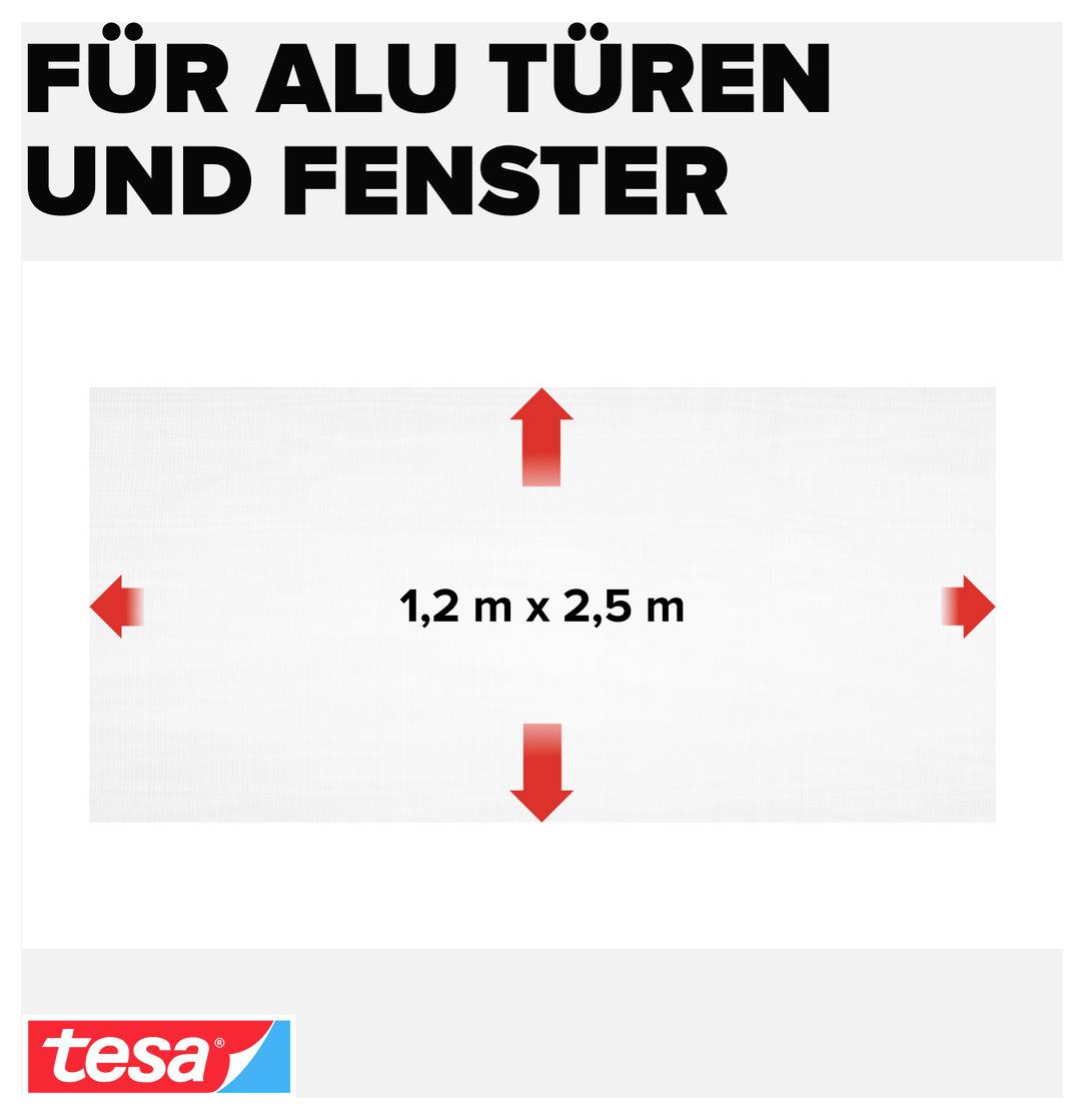 Reklamná grafika pre ALU dvere a okná s rozmermi „1,2 m x 2,5 m" a červenými šípkami v štyroch smeroch; logo Tesa vľavo dole.