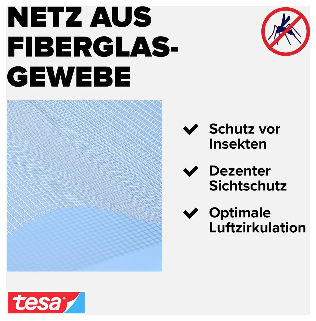 Reklamná grafika pre „Sieť z fiberglázu" od spoločnosti tesa so symbolom hmyzu; uvádza ochranu pred hmyzom, jemný ochranný prvok contra nahliadania a optimálnu cirkuláciu vzduchu.