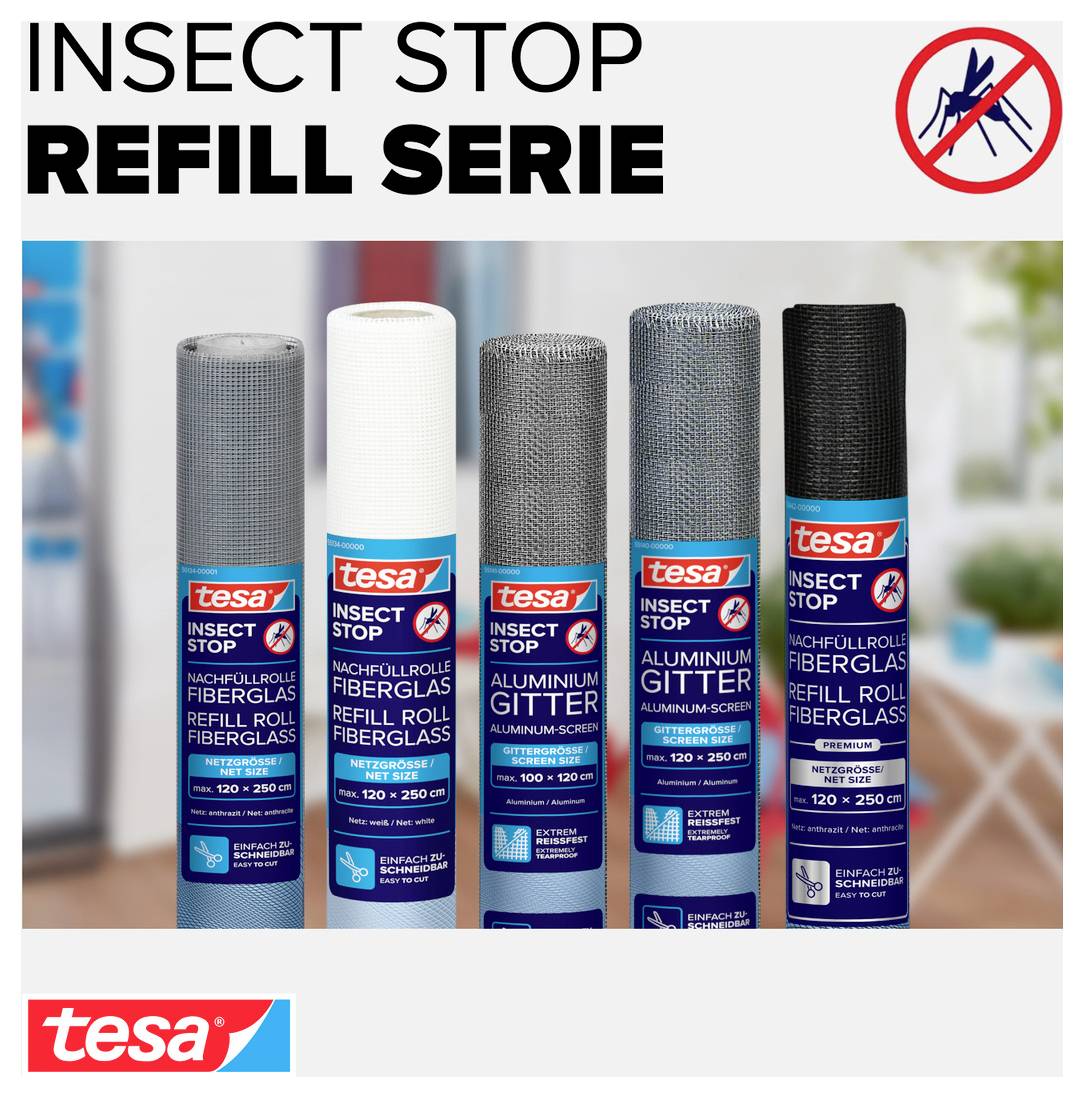 Reklamný obrázok pre "Insect Stop Refill Series" od tesy s piatimi náhradnými rolkami na ochranu pred hmyzom, rôzne farby a prevedenia, symbol komára vpravo hore.
