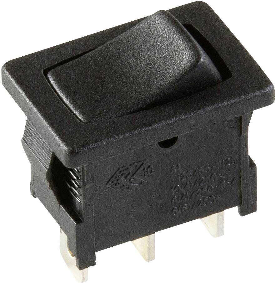 Čierny výklopný spínač s tromi zlatými pripojeniami na spodnej strane, používaný na ovládanie elektrických zariadení.