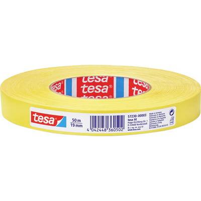 Rolka žltej maskovacej pásky tesa, dlhá 50 metrov a široká 19 mm, s logom tesa a detailmi produktu na etikete.