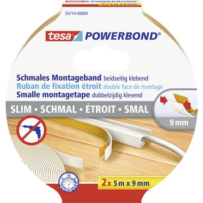 Lepiaca páska na balení s nápisom 'tesa Powerbond', vhodná pre úzku montáž, obojstranne lepiaca, šírka 9 mm, 2 rolky po 5 m.