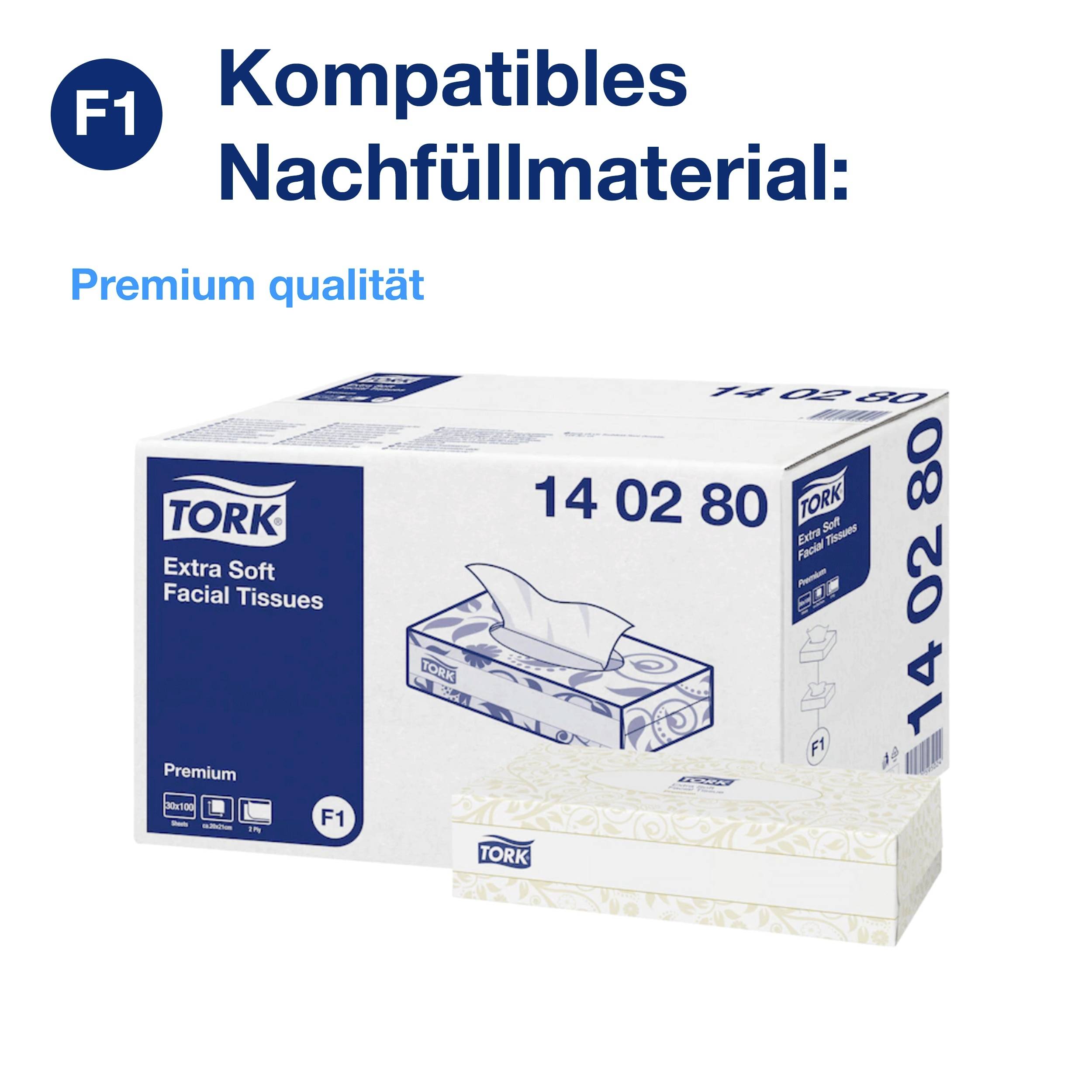Balenie Tork Extra Soft papierových vreckoviek. Text na obale: "Kompatibilná náplň F1: Prémiová kvalita".